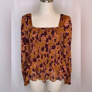 Nine West ruched top size large brown and pink shimmer smocked peplum blouse